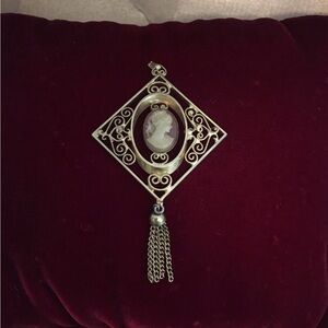 Gold-Tone Cameo Pendant Necklace with Tassel - Elegant Women's Jewelry